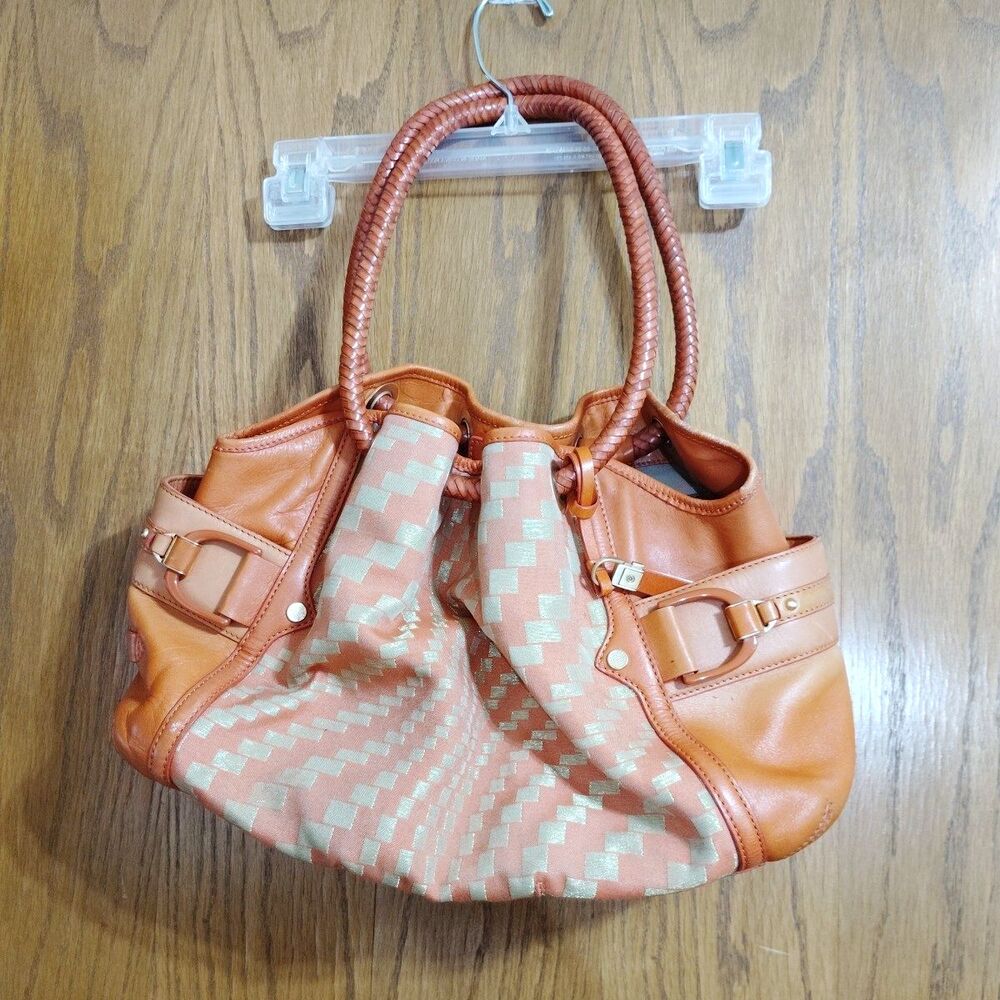 COLE HAAN Orange Leather & Geometric Fabric Shoulder Bag Purse Vintage Tote READ